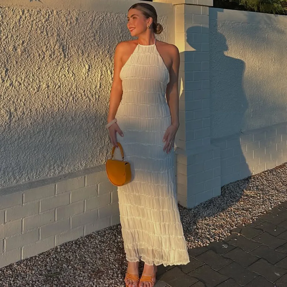

2025 Summer Fashion Patchwork Long Dress For Women Lace-Up Backless High Waist Solid Holiday Beach Dress Ladies Maxi Dress