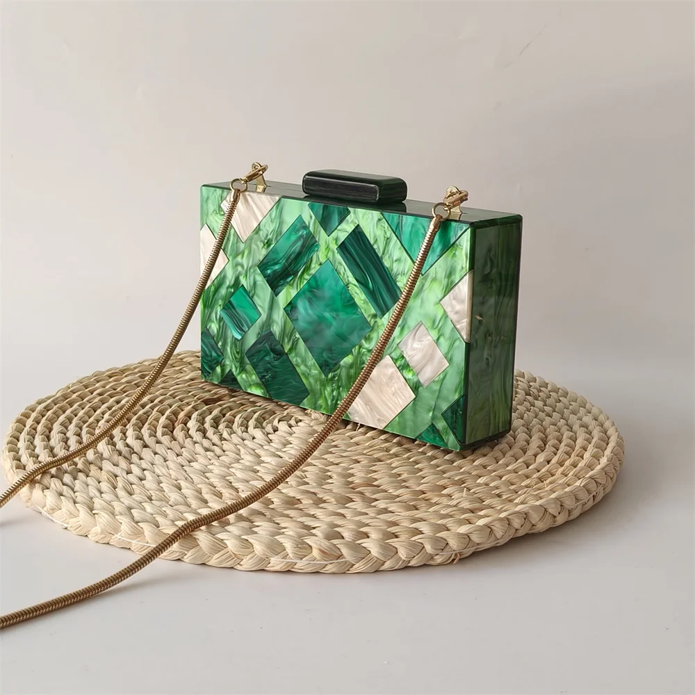 Green Marble Striped Patchwork Women Acrylic Day Clutch Wedding Bridal Handbags Small Evening Bags Party Birthday Cocktail Purse