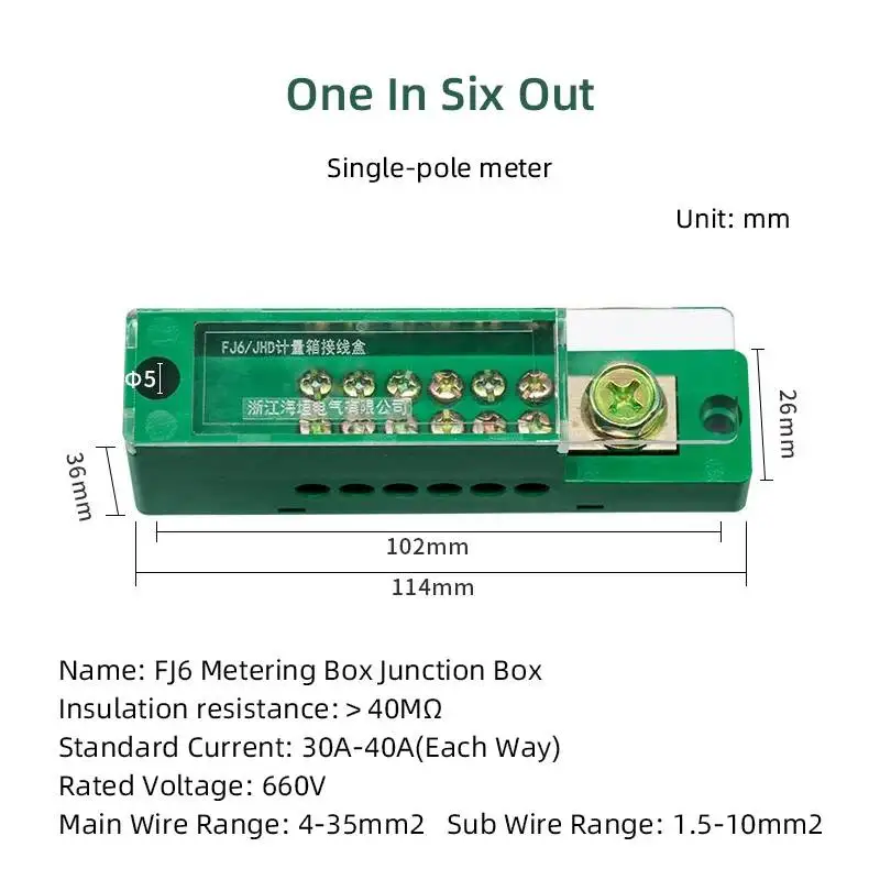 One-in Six-out Terminal Blocks Distribution Box FJ6 Single Pole 6P Meter Splitter Junction Connector 660V 30A