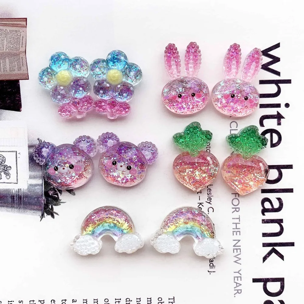 10pcs Mini Kawaii Cute Rabbit Flower Rainbow Flat Back Cabochons Scrapbook Diy  Party Hairpin Accessories Home Decoration Craft