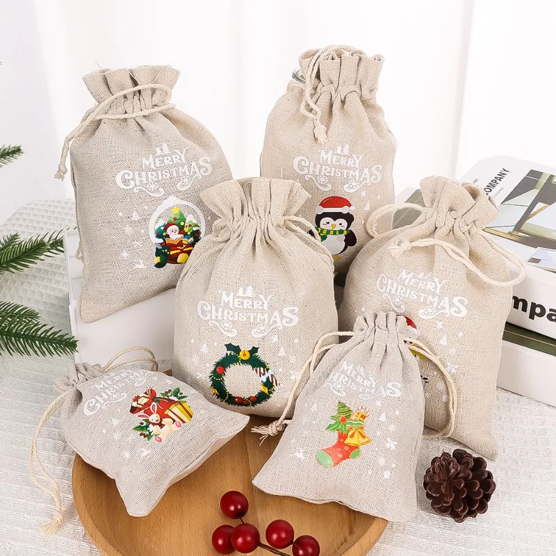 30/1PCS Christmas Drawstring Bag Linen Candy Gift Bag Xmas Tree Hanging Pouchs Biscuits Jewelry Home Kids Gift Packaging Sacks