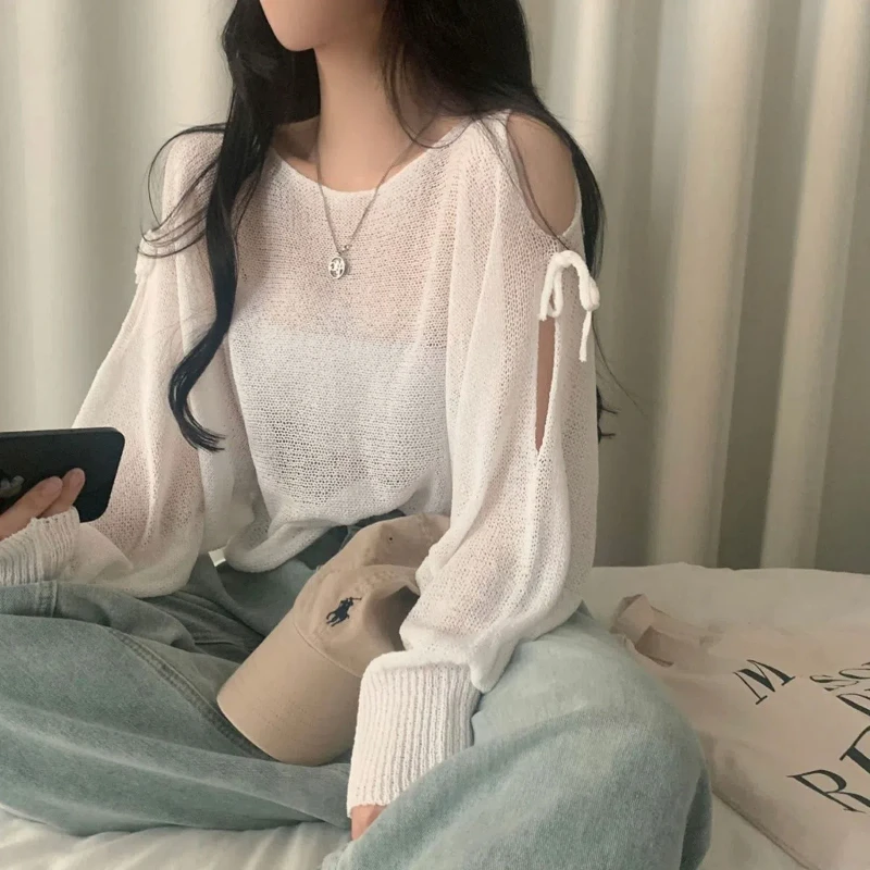 

New Hollowed Out Pullover Knitted Sweater Korean Version with Open Shoulder and Slit Loose Cover Long Sleeved Sun Protection Top