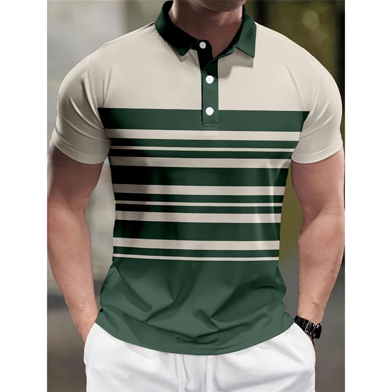 3D Printed Colorful Striped Polo Shirt For Men Color Block Pattern Short Sleeves Summer Casual Lapel Tops Loose Tees T-Shirts