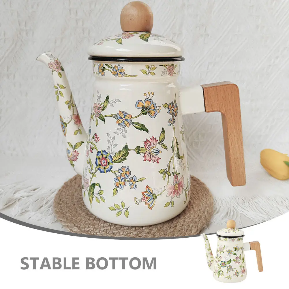 Enameled Teapot High Temperature Resistant Home Kettle Coffee Office Camping Desktop Tea Pot Wooden H Sturdy Solid view 5