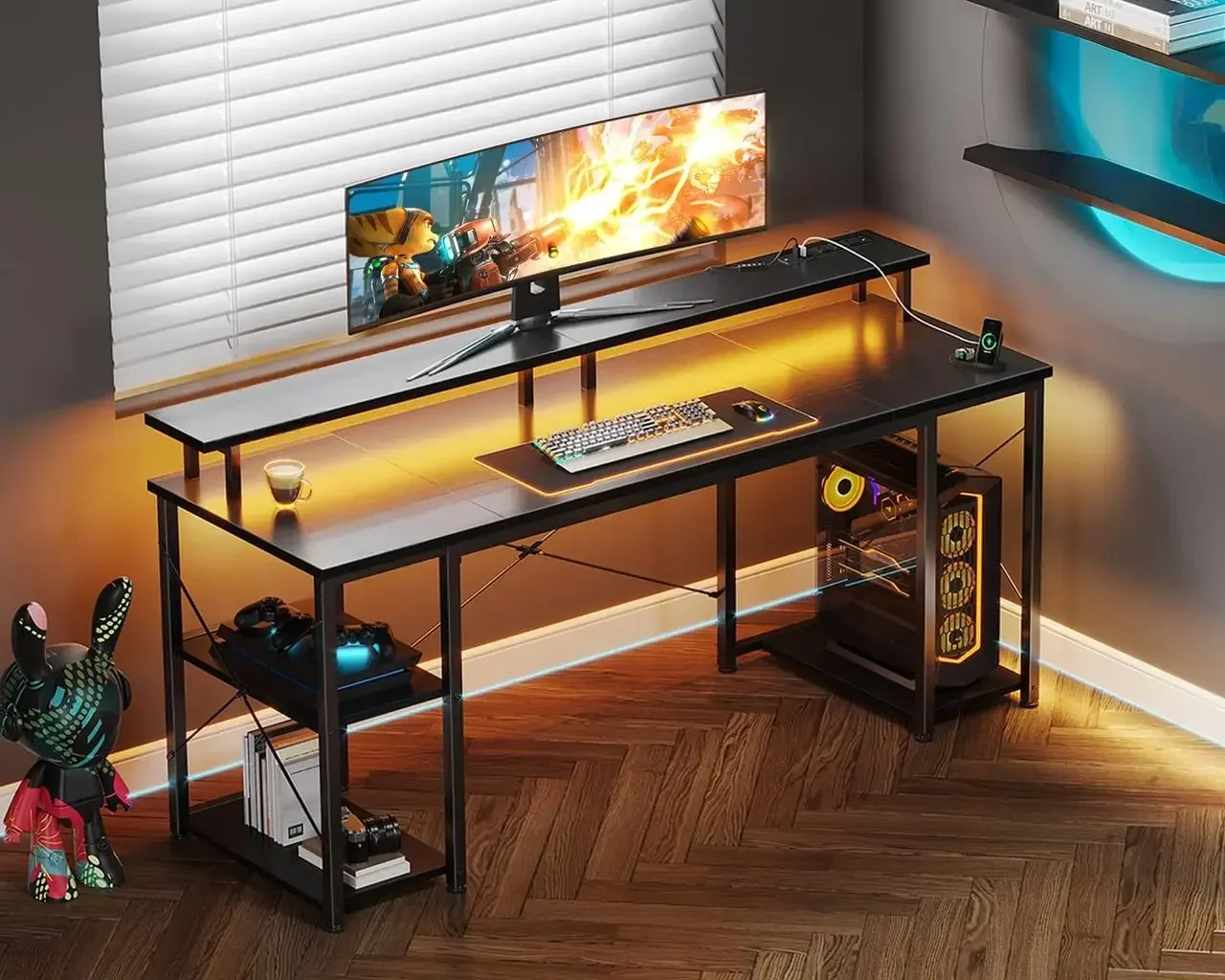 63 inch Computer Desk with Power Outlets & LED Lights, Gaming Desk with Monitor Stand & Storage Sheves, Home Office Desk, Black