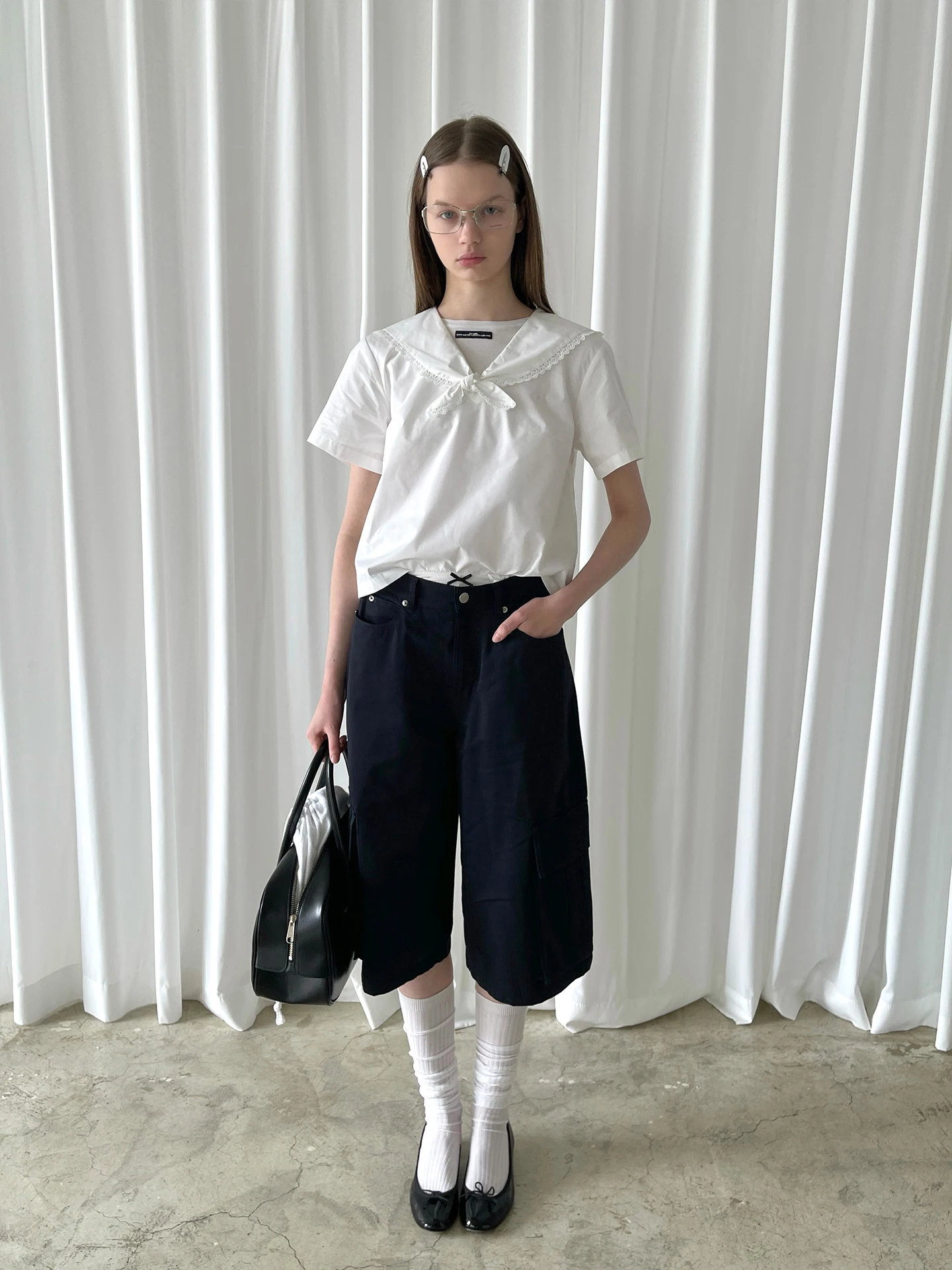 

PFF Girl Embroidered Short Sleeve Shirt with Sailor Collar Logo Design Casual Loose Fit Cotton Knot Spring Fashion