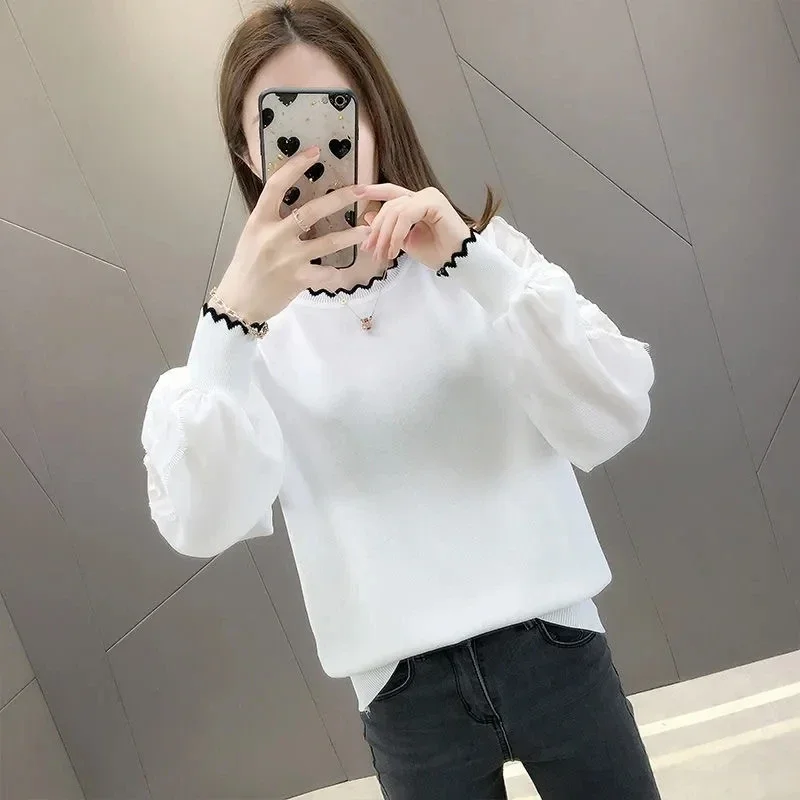 한국 여성용 레이스 니트 탑 봄 가을 패션 랜턴 소매 쉬폰 레이스 탑