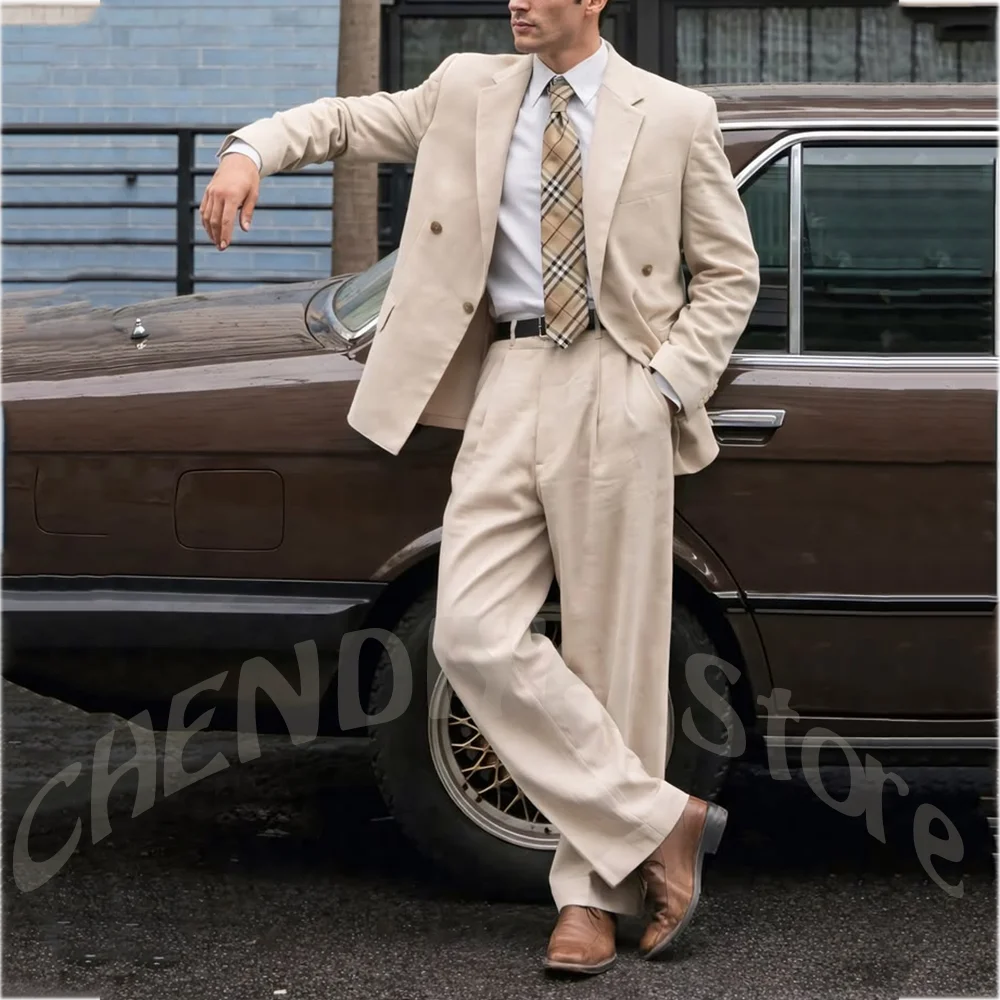 

Beige Linen Men's Suit Set Elegant Double Breasted Notch Lapel Straight Casual Street Style Vacation Summer Daily Outfit