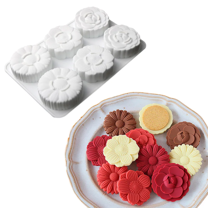 SHENHONG Mooncake Mould Cherry Blossom Chrysanthemum Snow Lotus Design Silicone Cake Mold Soap Mould Dessert Baking Tools