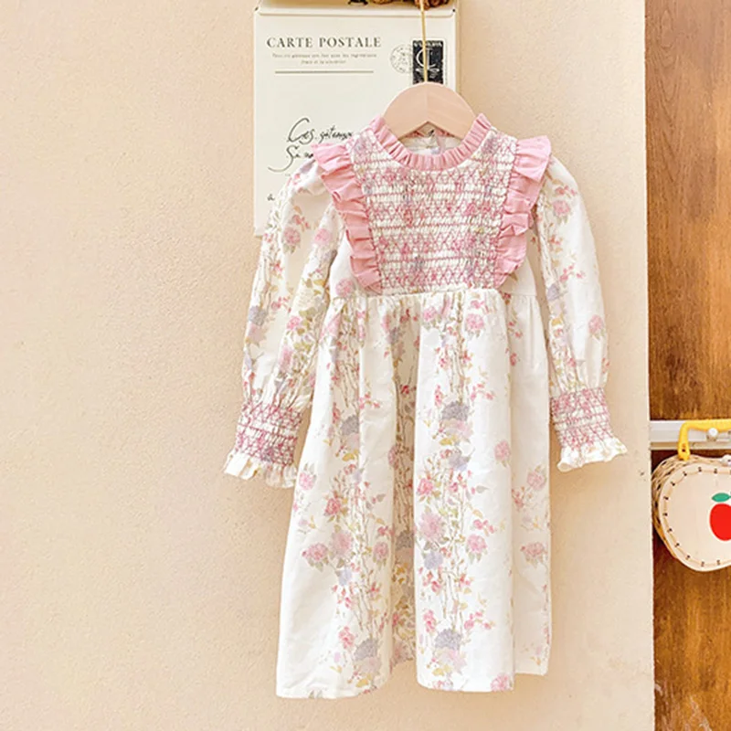 2024 New Spring European American Style 2-7Yrs Baby Girl Party Dress Long Sleeved Cotton Floral Printing Kids Princess Dresses