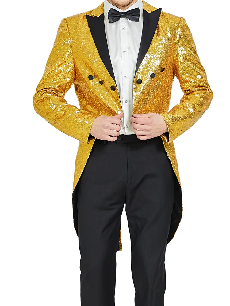 Men Sequin Tuxedo Suit Jacket Sparkly Tails Slim Fit Tailcoat Dress Coat Swallowtail Dinner Party Wedding Formal Blazer