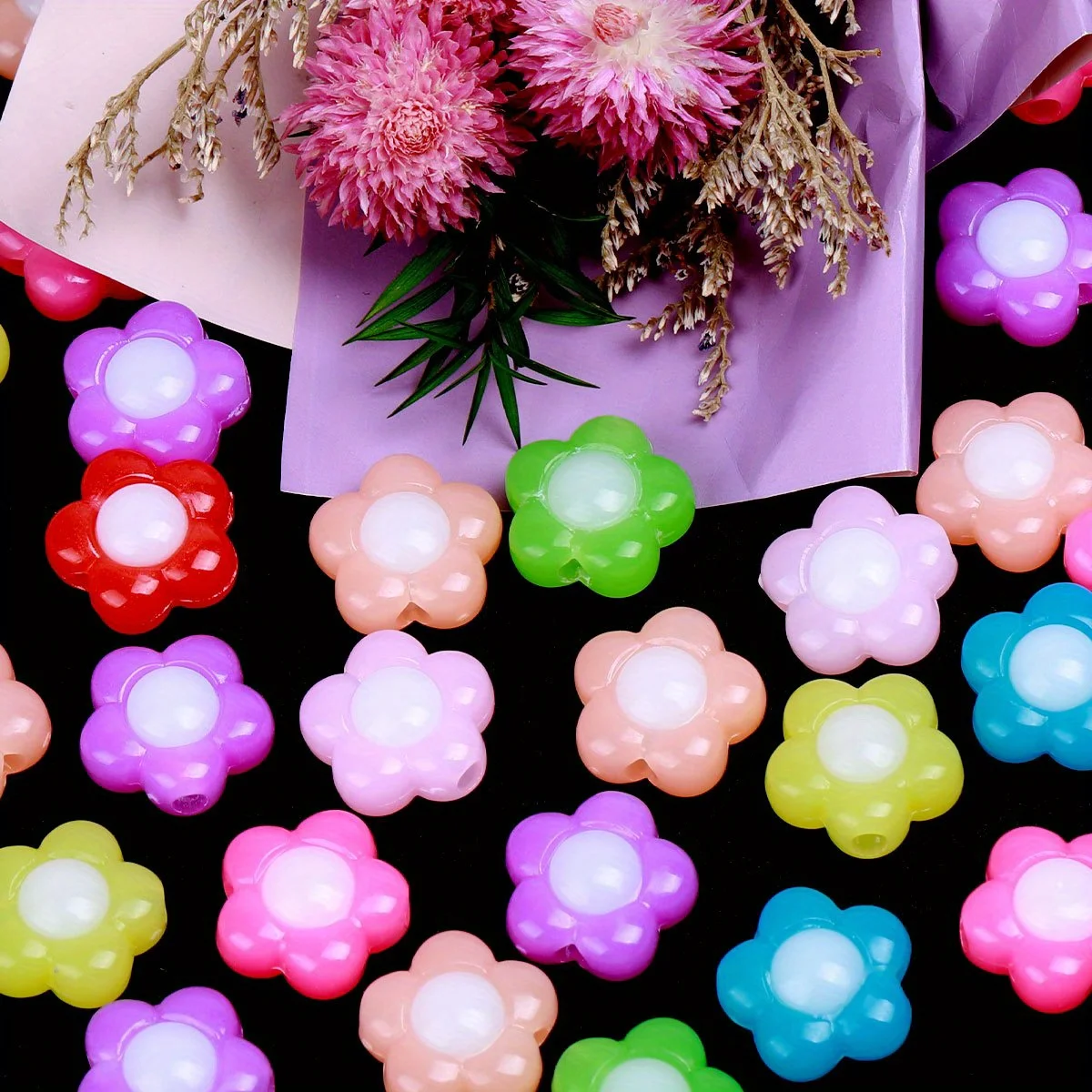 70pcs/140pcs Random Color Sunflower Shape Acrylic Beads Loose Spacer Beads For Jewelry Making DIY Hair Accessory Bracelet