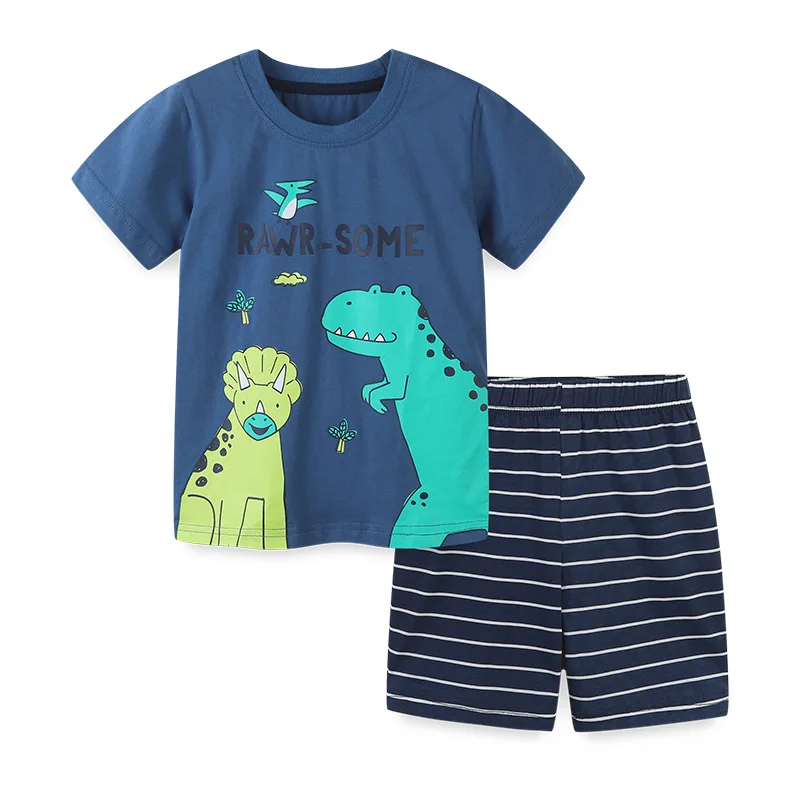 

23Summer New Boys' Suit Style Small and Older Children's Short SleeveTT-shirt Set Cartoon round Neck Children's Two-Piece SetAos