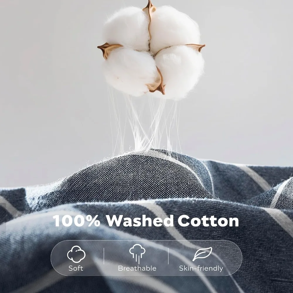 Washed Cotton Striped Duvet Cover Set Full Linen-Like Soft Breathable Bedding
