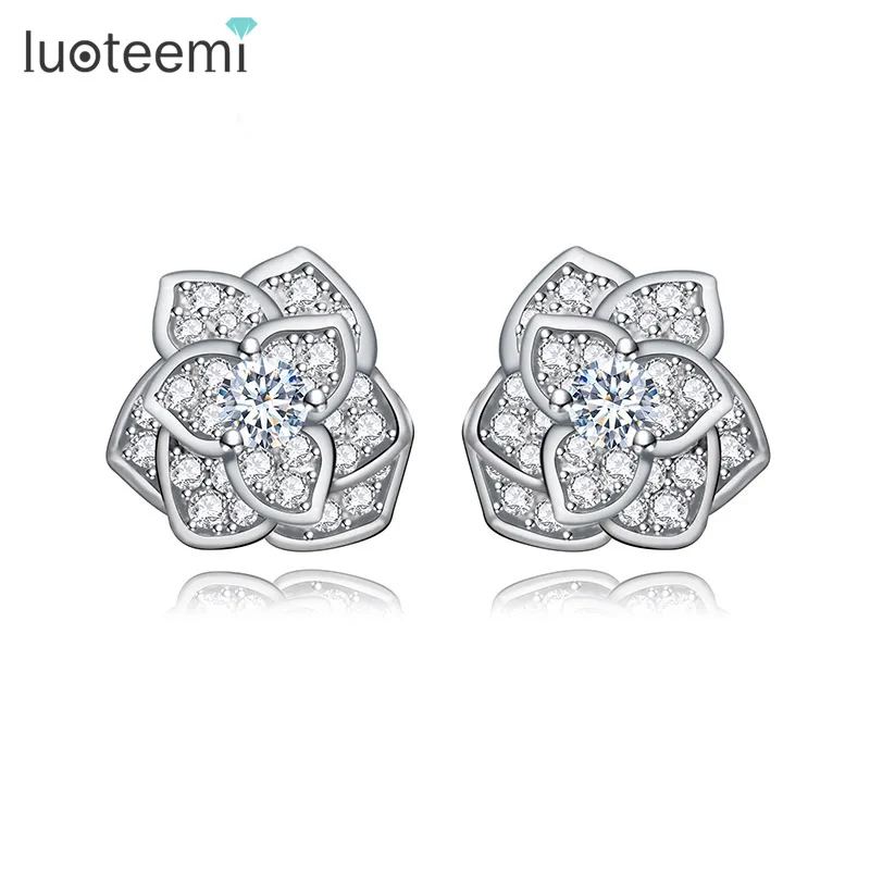 LUOTEEMI Trendy Statement Rose Flower Cubic Zircon Champagne Gold-Color Stud Earrings For Women Luxury Brincos Wholesale Items
