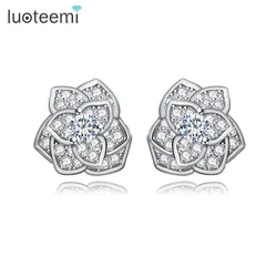 LUOTEEMI Trendy Statement Rose Flower Cubic Zircon Champagne Gold-Color Stud Earrings For Women Luxury Brincos Wholesale Items