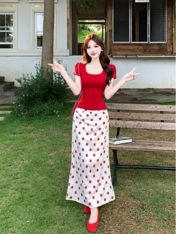 

plus Size Pure Desire Summer New Red Square Collar Short Sleeve Set Vintage Polka Dot Half Skirt Fashionable A-Line Dress