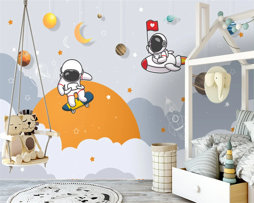 

beibehang Custom new modern hand-painted cartoon astronaut spaceship children's room background papel de parede wallpaper