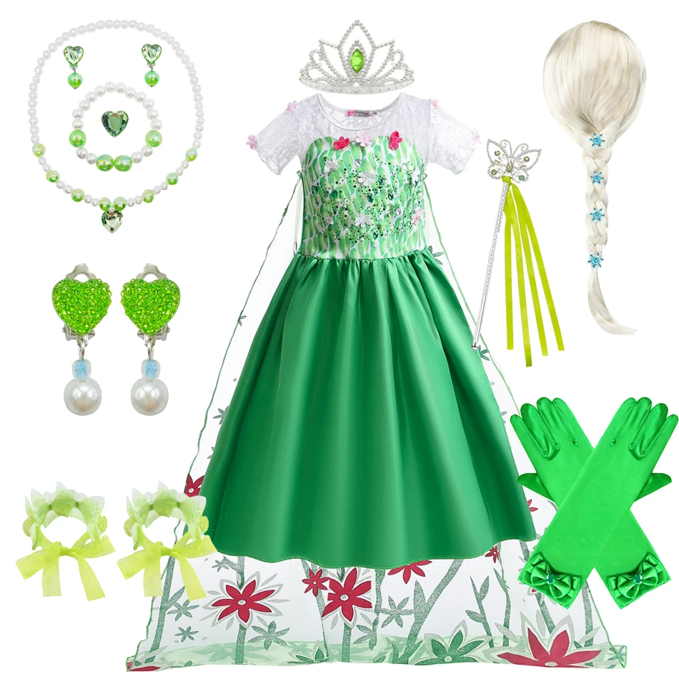 Princess Costume Elsa Dress For Girls Kids Green Sequin Mesh Surprise Birthday Party Halloween Costume Kids Cosplay Snow Queen