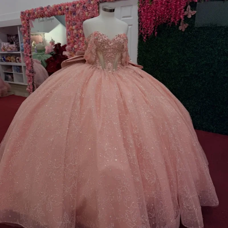 Pink Glitter Quinceanera Dresses Off Shoulder Ball Gown Sweet 16 Dress Sequin Applique Beads Bow Tull Party Birthday Vestidos 15