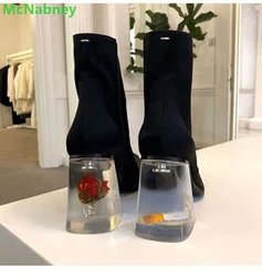 Transparent Rose And Cigarette Black Boots For Female Women Side Zipper Square Toe Ankle High All-match Fashion Runway Shoes