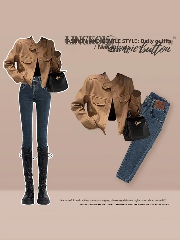 

plus Size Autumn Vacation Set Women's Marbled Jacket Coat Slim Fit Jeans Strap Three Piece Set Casual Fashion American Style