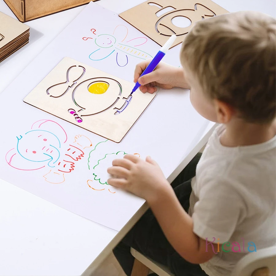 Diy montessori criança desenho livro para colorir conjunto pintura estênceis modelo artesanato de madeira quebra-cabeça educacional presente das crianças