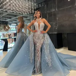 Luxury Mermaid Evening Dresses Sleeveless V Neck Halter Sequins Beaded 3D Lace Diamonds Detachable TrainProm Dresses Custom Made