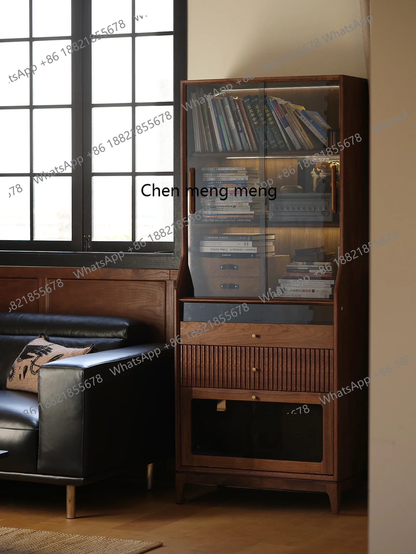 

Black walnut bookcase, vintage living room, figure display cabinet, dustproof storage cabinet
