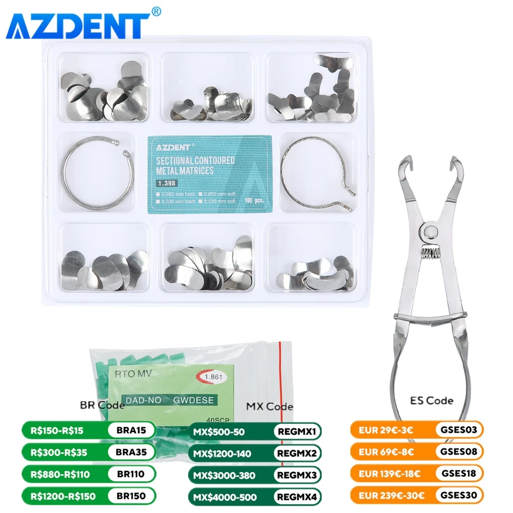 AZDENT 100szt Dental Sectional Contoured Filling Molding Sheet 1.3398 Matrix Band Forming Clip 40szt Silikonowe szczypce do kliny