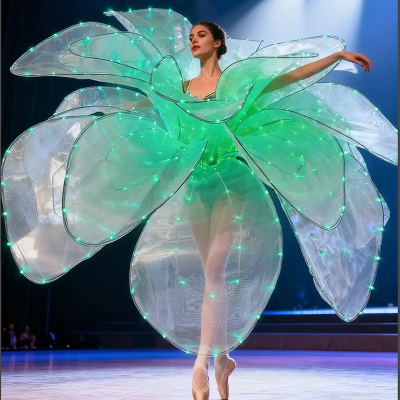 Bunte Blume LED Blütenblatt Blüte für Frauen Farbe dynamische Beleuchtung Modern Dance Performance Kostüm Big Swing Kleid