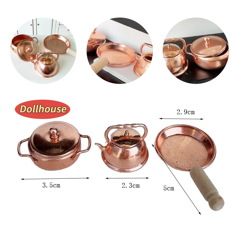 3Pcs/Set Dollhouse Frying Pan Soup Pot Kettle Set Doll Home Kitchen Cookware Decoration Dolls House Living Scene Accessories