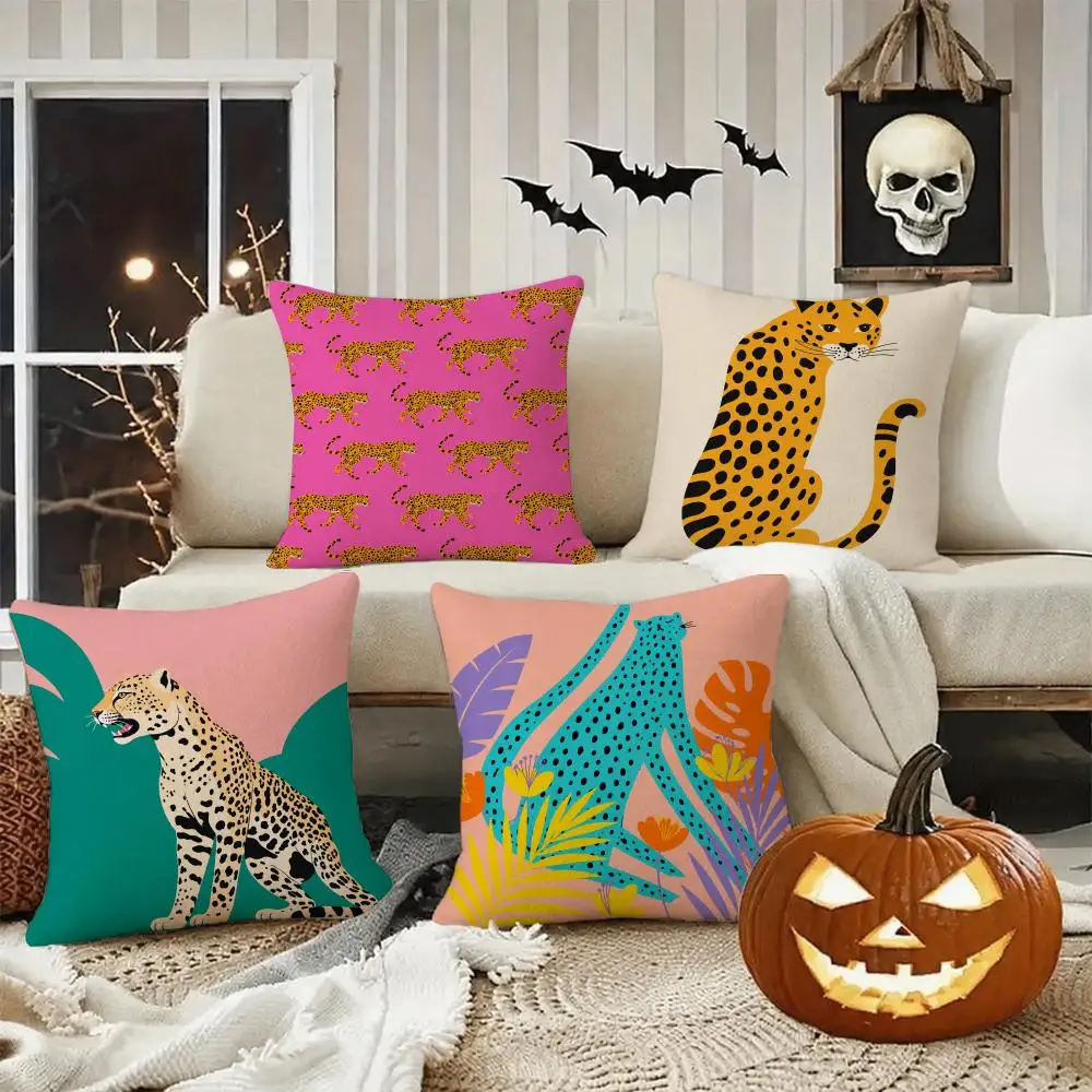 Stylish Leopard Jungle Art Cushion Cover Halloween decoration trick or treat cushion cover, ghost, pumpkin head, bat decoration