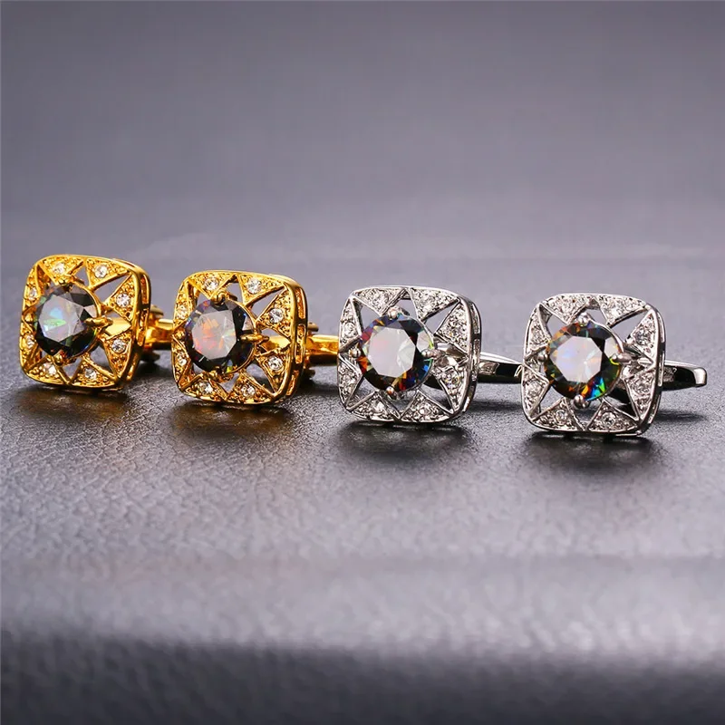 ChainsPro Rainbow Color Cubic Zircon Crystal Cufflinks For Mens Gold Color Luxury Rhinestone Men Jewelry QC24