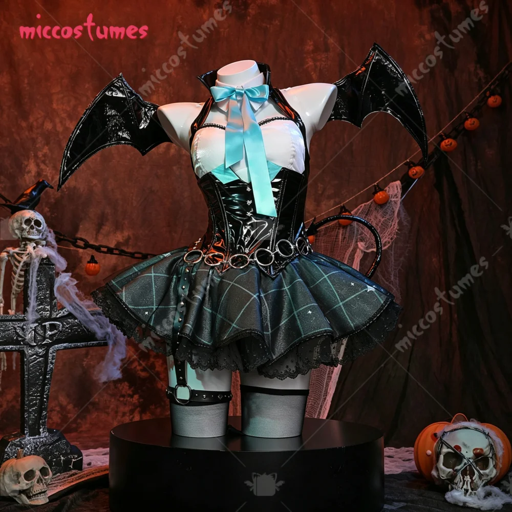 【Letzte Lieferung】Miccostumes Damen-Vocal-Cosplay-Kostüm für Halloween, Teufel-Kleid mit Ärmeln, Flügeln und Oberschenkelsocken