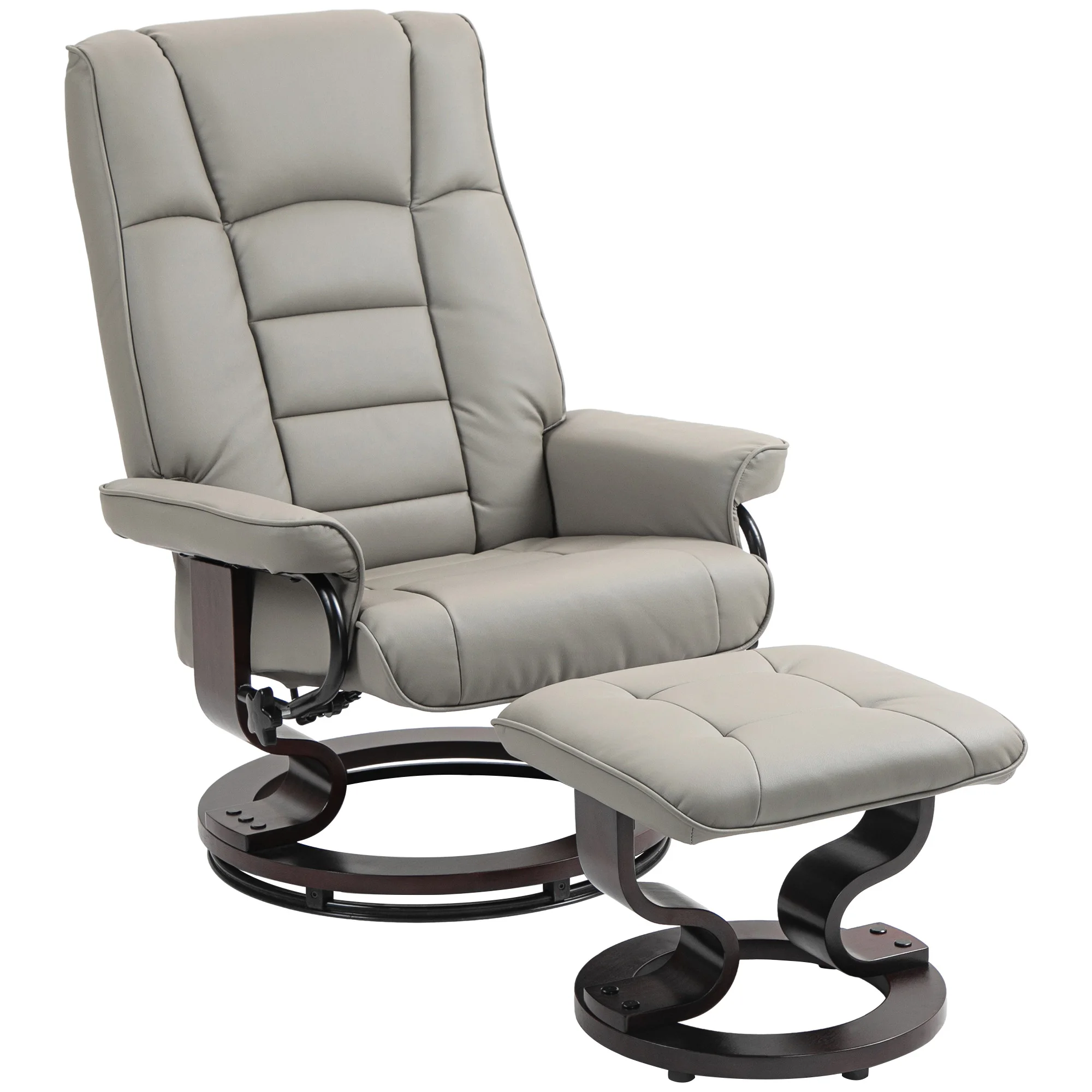 HOMCOM Faux Leather Reclining Chair, Swivel Ottoman Chair, Recliner with Ottoman with Tufted Back and Wood Frame for Living Room, Gray