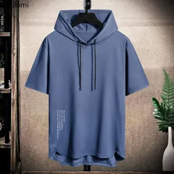 2026 Men's Summer Hoodies T-shirts Short Sleeve Solid Color Loose Hooded Drawstring Pullover Tops Basic Tees for Daily Wear Male