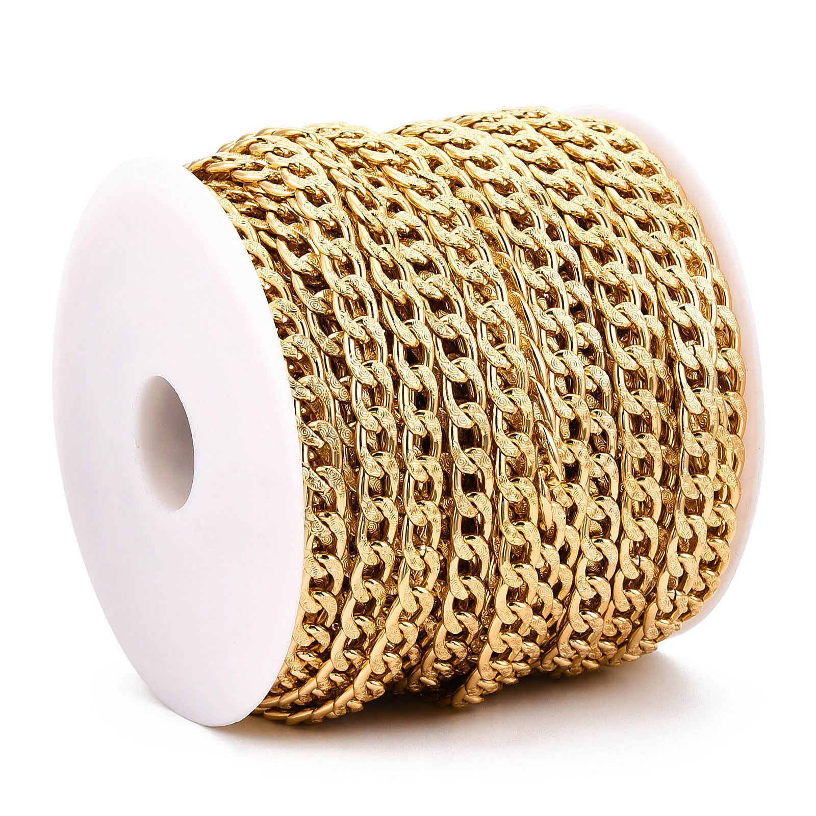 

20m/roll 11.5x7x2mm Aluminium Textured Cuban Link Chains Unwelded with Spool Golden for Making DIY Jewelry Necklace Bracelet