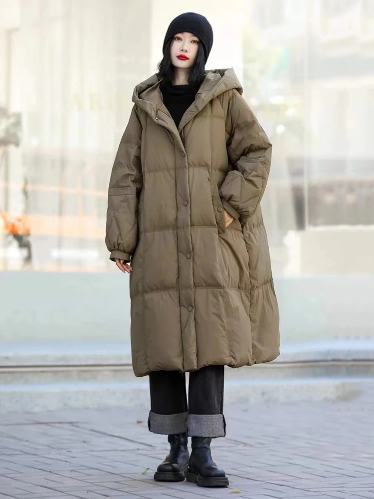 

Зимний длинный винтажный однотонный пуховик с капюшоном, женский белый утиный пух, утепленный пух, теплая до колена, верхняя одежда Parker JJ1112