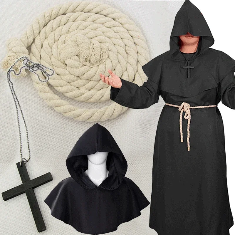 Friar Medieval Monk Long Cloak Priest Knight Robe Cross Necklace Belt Tattoo Halloween Adult Teens Costume Cape Party Props