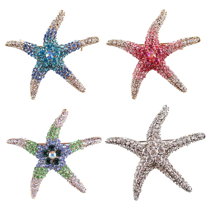 Full Rhinestone Multi-Color Starfish Brooches For Women Men Fashion Crystal Sea Star Brooch Clothing Backpack Pins Jewelry Gifts