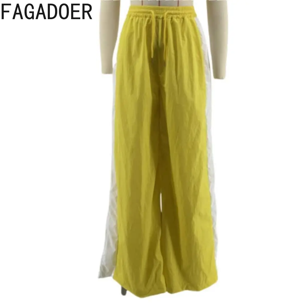 FAGADOER Patchwork Women Wide Leg Baggy Pants Y2k Sporty Casual Streetwear  Elastic Waist Pants Parachute Sweatpants Track Pants