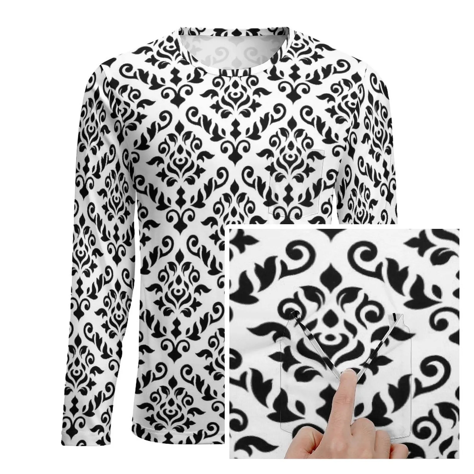 Damask Baroque Print T-Shirt Autumn Black White EMO T-Shirts Man Popular Printed Tshirt Plus Size