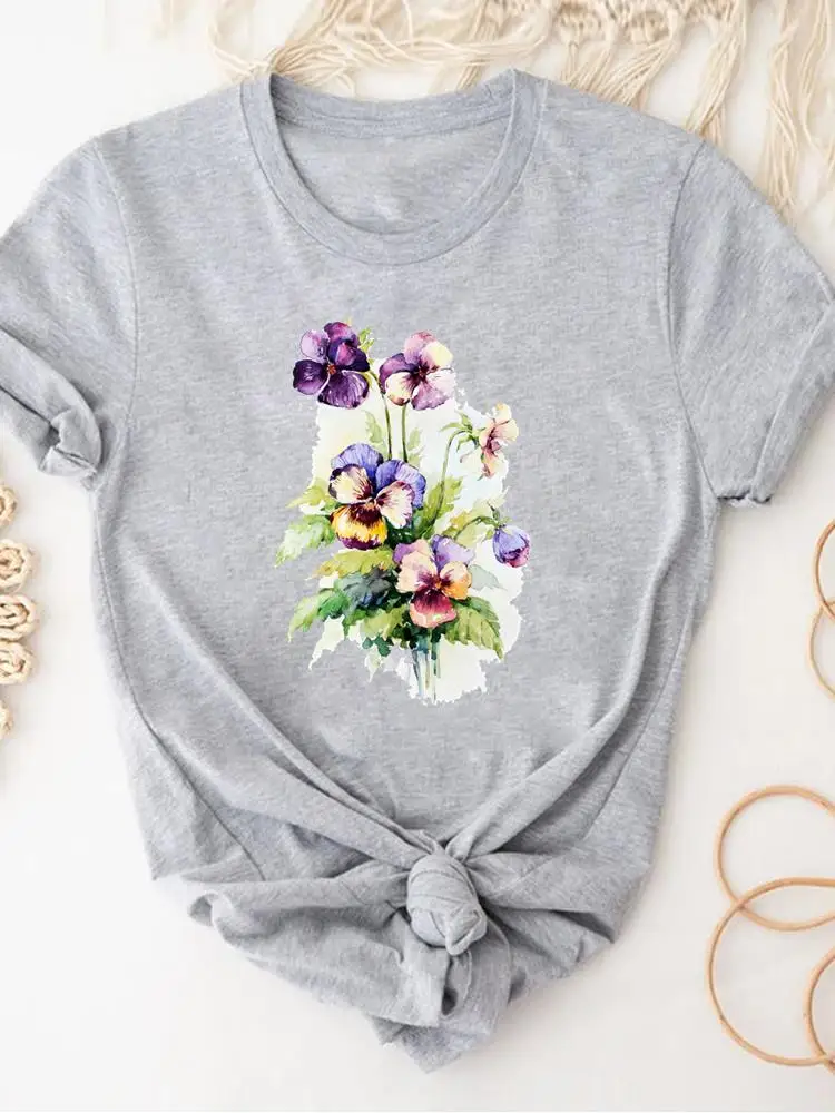 

Watercolor Flower Cute 90s Women Clothing Print Gray T Shirt Short Sleeve Summer Top Fashion Clothes Basic Tee Graphic T-shirt