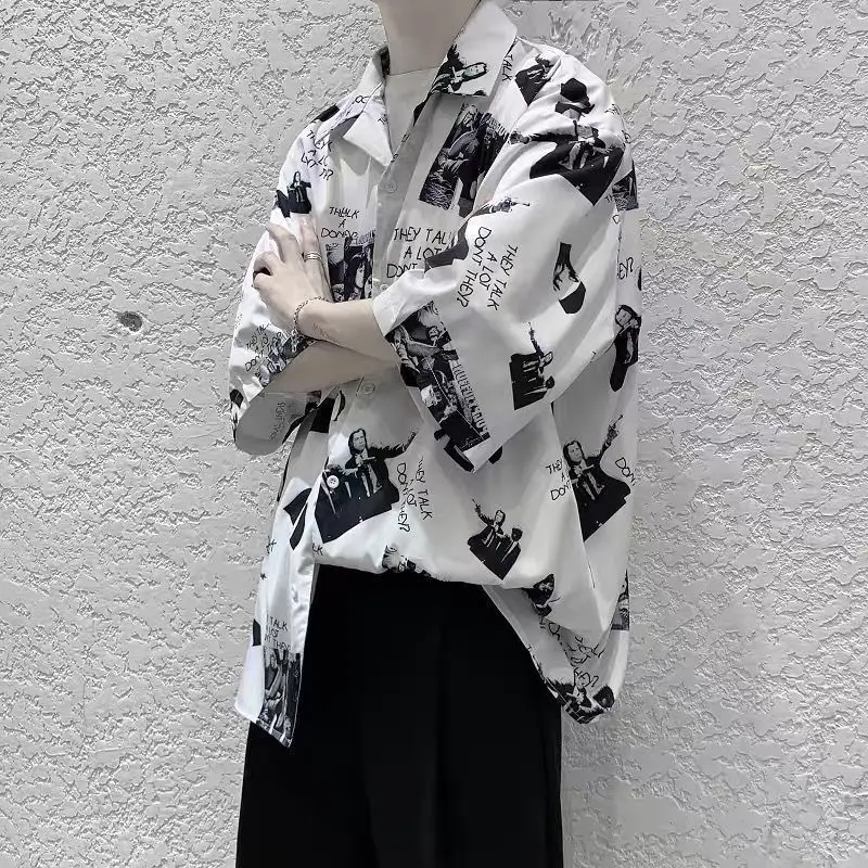 2023 Men\'s Clothing Turn-down Collar Loose Printing Button Elbow Sleeve Thin Spring Summer Streetwear Man Casual Korean Shirts