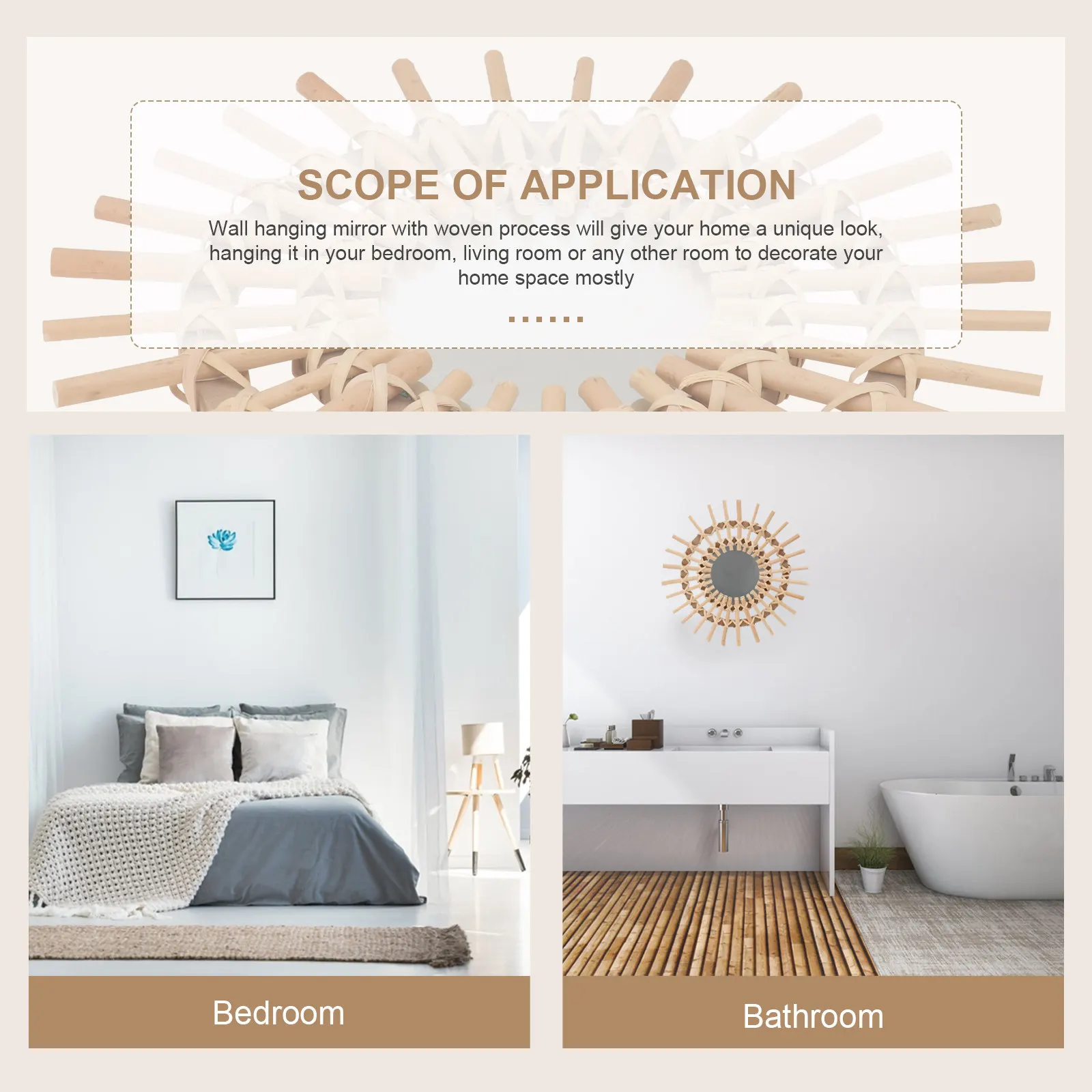 1Pcs Natural Eco Friendly Rattan Weaving Mirror Wall Art Decorative Makeup Mirror Home Studio Dorm Decor Minimalist Vertical