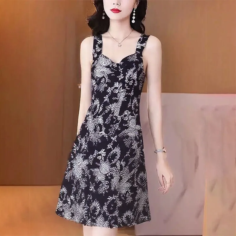 Nuovo stile donna estate moda sottile semplicità tendenza elegante sexy floreale retrò moda camis gonna a trapezio stampa elegante Dres