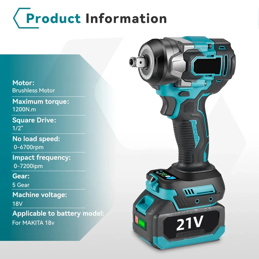 

【Professional Grade】TX 1200NM Torque Brushless Electric Impact Wrench 5 Gears 1/2'' Cordless Electric Screwdriver Wrench Tools F