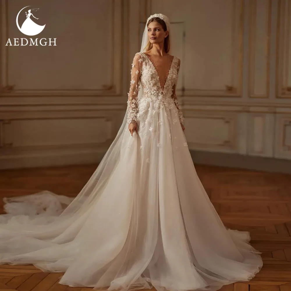 

Aedmgh Нежные свадебные платья трапециевидной формы для женщин с зубцами Vestido De Novia, кружевное свадебное платье с бисером и блестками, свадебное платье на заказ