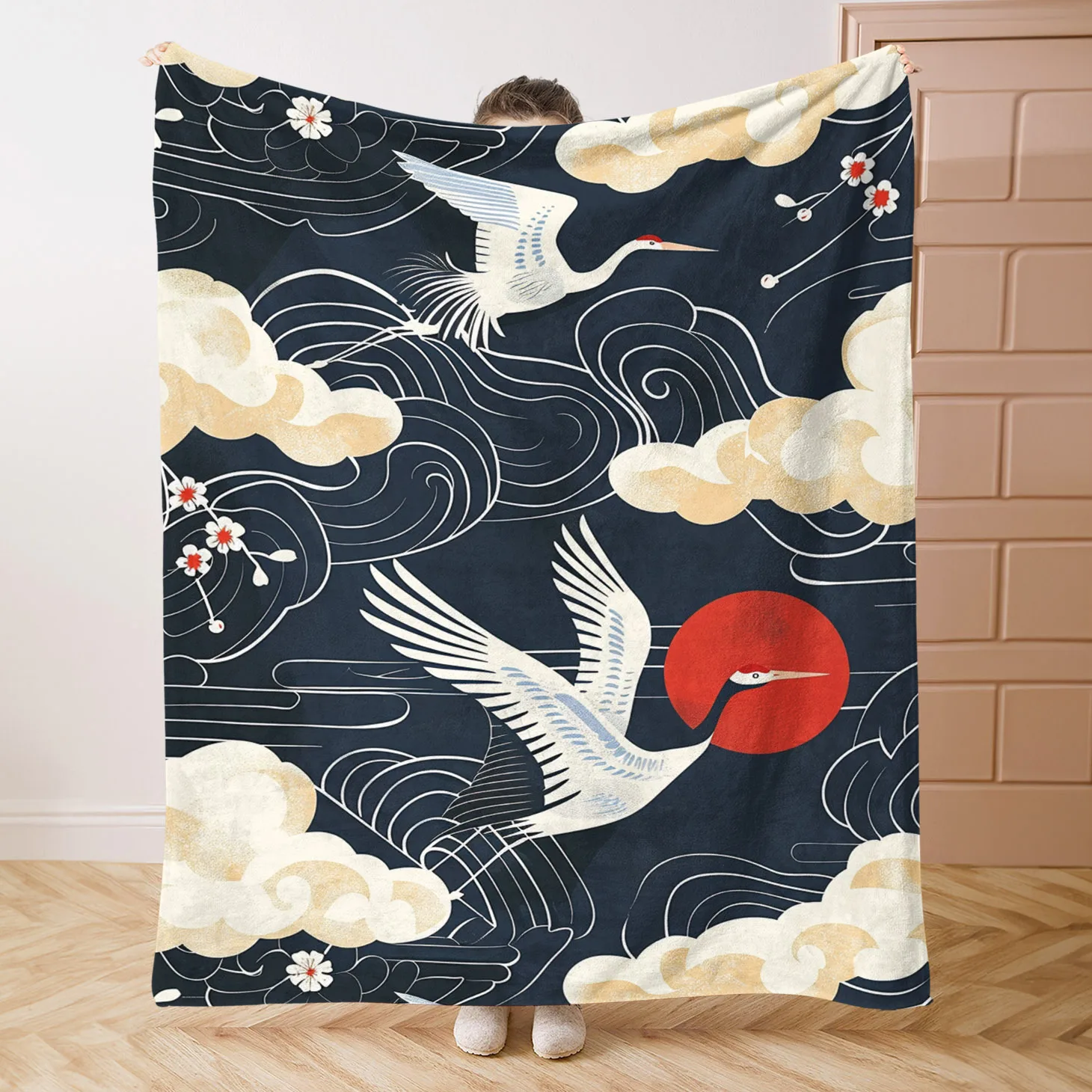 

1pc Japanese Flying Crane Pattern Blanket - Polyester Fabric, Machine Washable - Great for Bed, Sofa, Office, Camping and Travel